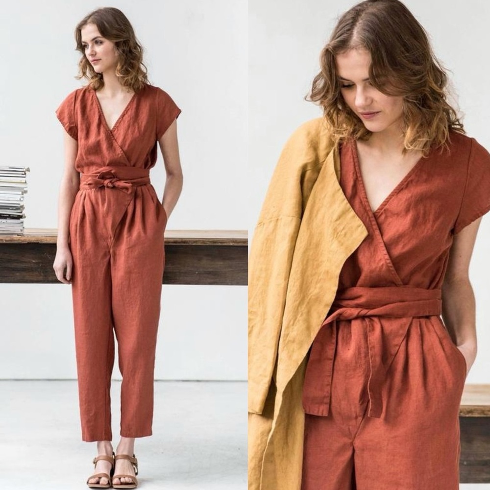 not PERFECT LINEN Wrap Jumpsuit in Redwood Small